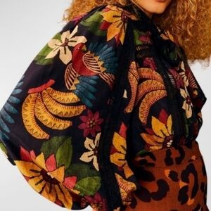 Farm Rio Macaw Ballet Ladder-Stitch Neck-Tie Blouse